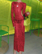 Knit Open Weave Mock Neck Long Sleeve Side Cut Out Bodycon Maxi Dress
