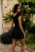 Eyelet Lace Up Deep V-Neck Cap Sleeve Corset Mini Dress