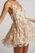 Sequin Fringe Tassel Spaghetti Strap Deep V-Neck Fit and Flare Mini Dress