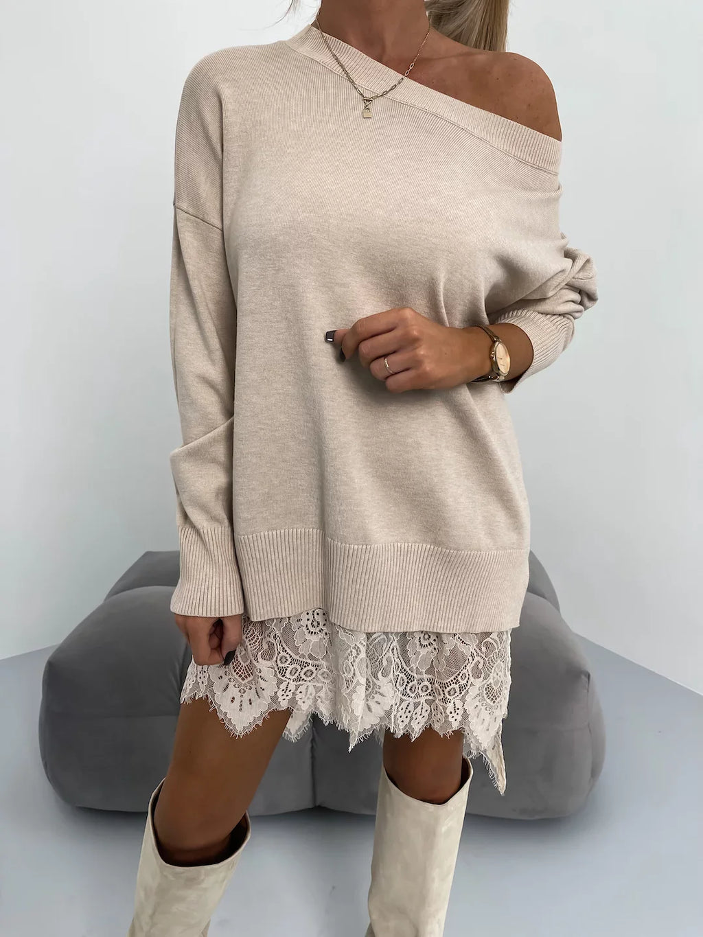 Lace Split Mid-Length Round Neck Hoodie