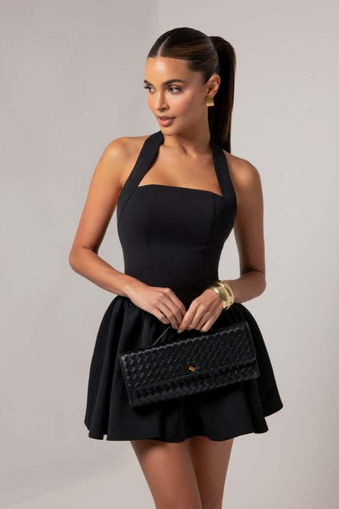 Halter Neck Square Neckline Fit and Flare Structured Mini Dress