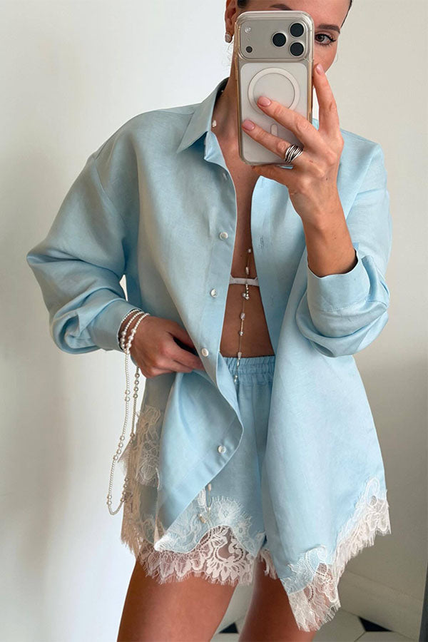 Linen Blend Shirt and Lace-trimmed Shorts Set