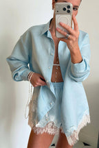 Linen Blend Shirt and Lace-trimmed Shorts Set