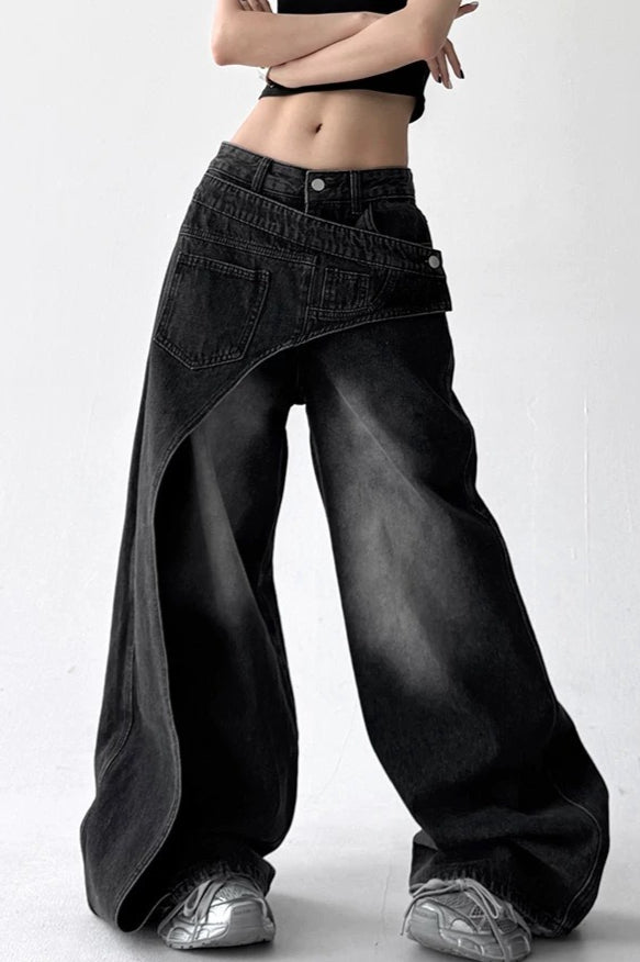 Asymmetric Panel Patchwork Wide Leg High Waist Jeans