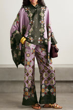 Satin Unique Print Loose Batwing Sleeve Top and Elastic Waist Pocket Casual Wide-leg Pants Set