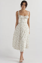Wide Strap Sweetheart Ruched Bust Toile Floral Print A-Line Midi Dress