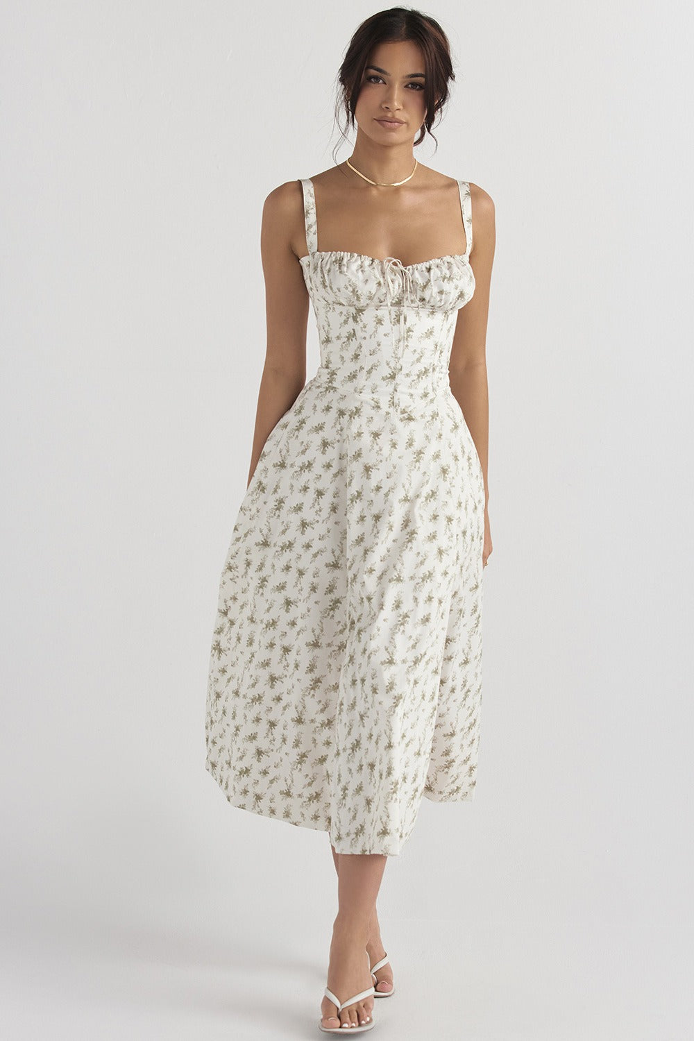 Wide Strap Sweetheart Ruched Bust Toile Floral Print A-Line Midi Dress