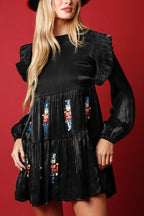 Satin Bishop Sleeve Shoulder Ruffle Nutcracker Sequin Patch Tiered Mini Dress
