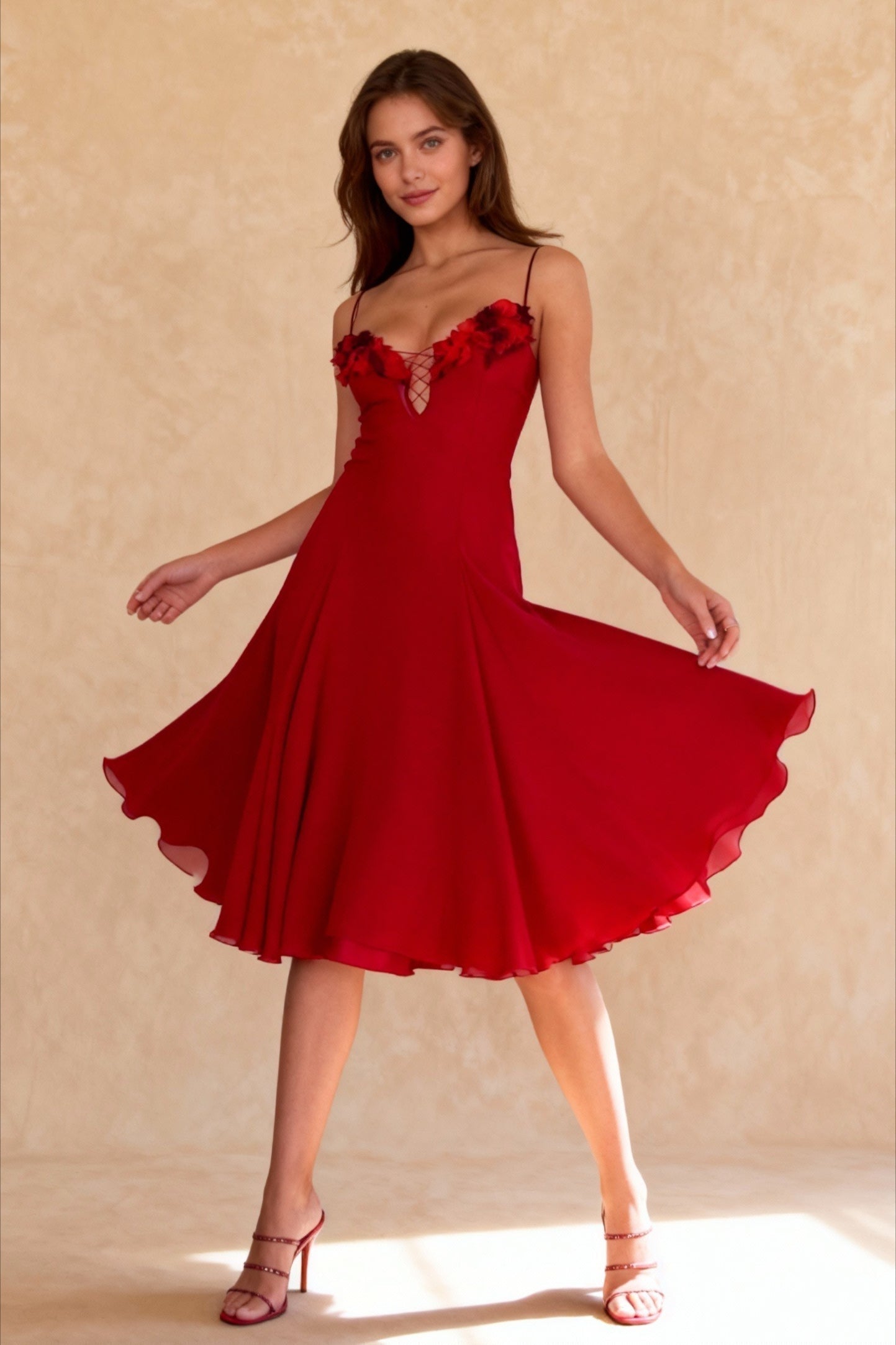 Chiffon Deep V-Neck Lace Up Corset 3D Floral A-Line Midi Dress