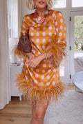 Playful and Cute Satin Polka Dot Print Half Sleeve Feather Trim H-line Mini Dress