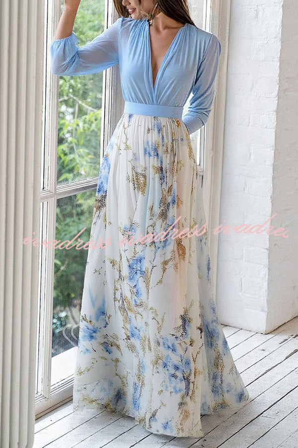 Plant Print V-neck Long Sleeve Elegant Stitching Maxi Dress