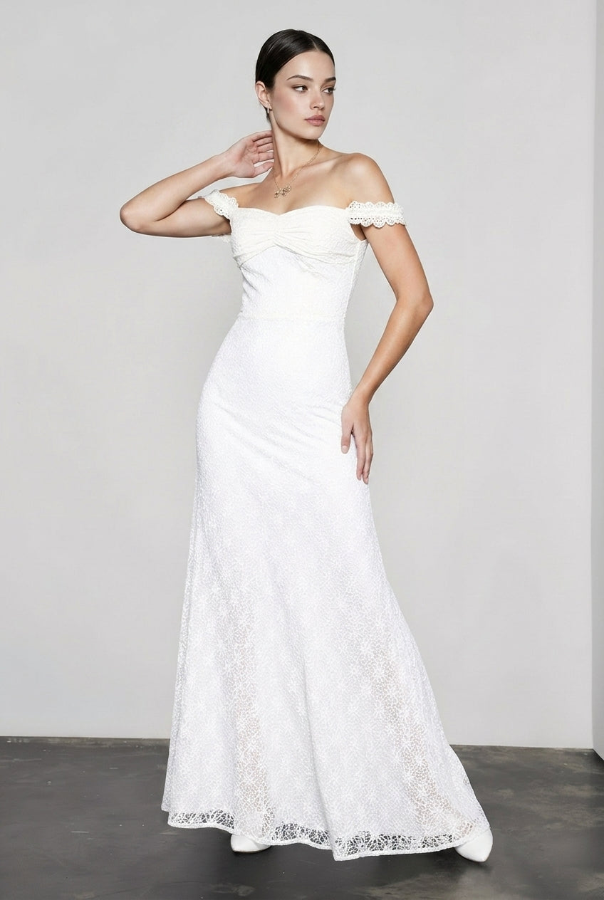 Off Shoulder Sweetheart Neck Floral Lace Scalloped Trim Column Maxi Gown