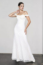 Off Shoulder Sweetheart Neck Floral Lace Scalloped Trim Column Maxi Gown