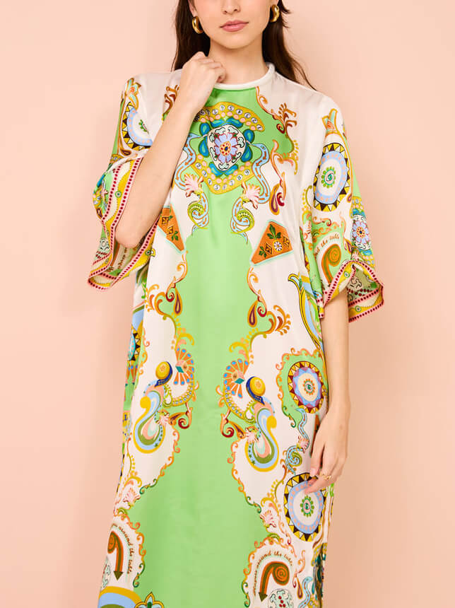 Baroque Paisley Print Flared Sleeve High Neck Embroidered Hem Maxi Dress