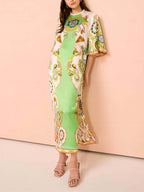 Baroque Paisley Print Flared Sleeve High Neck Embroidered Hem Maxi Dress