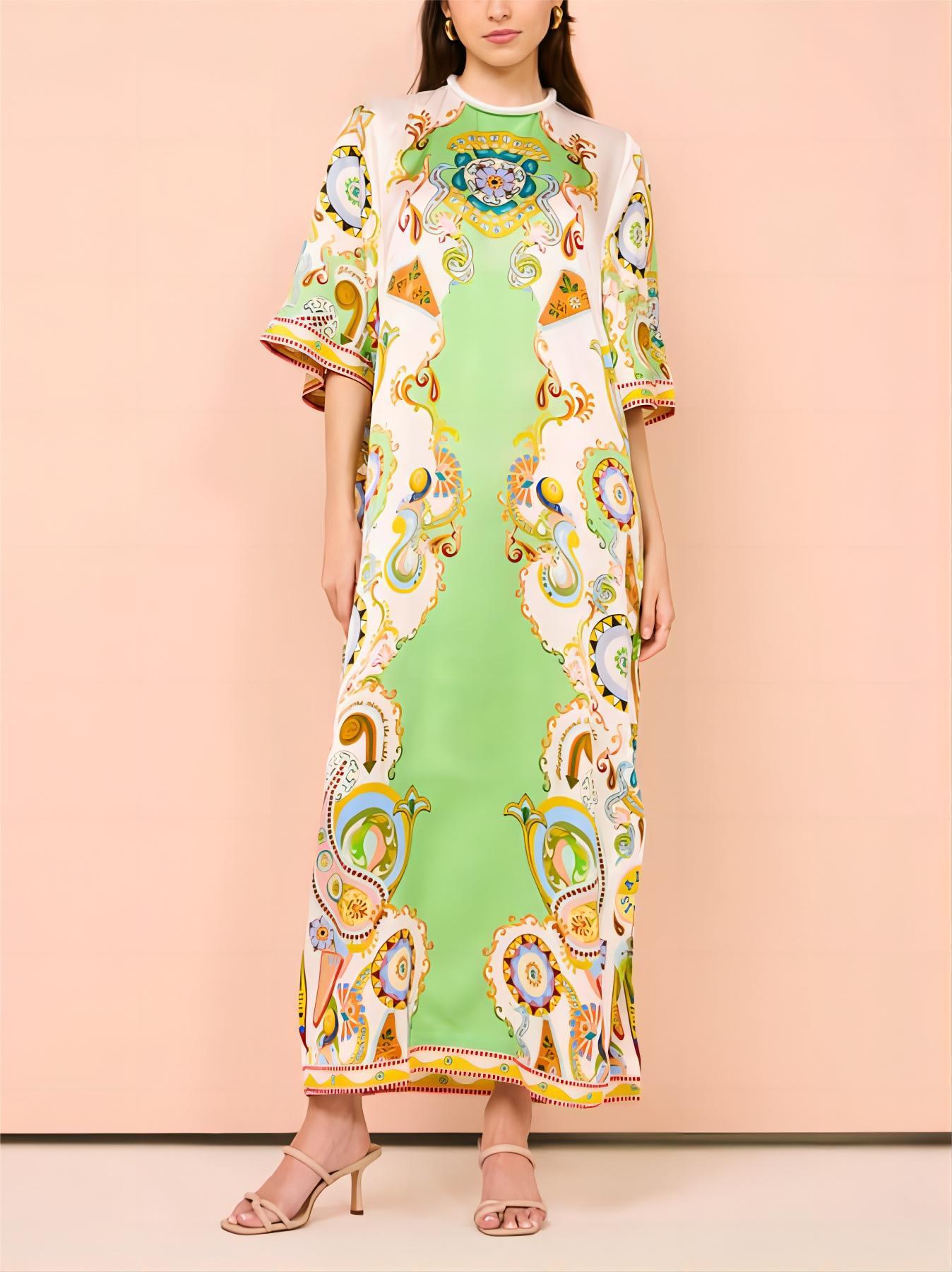 Baroque Paisley Print Flared Sleeve High Neck Embroidered Hem Maxi Dress