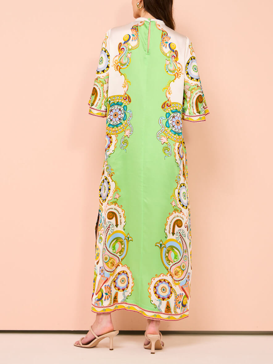 Baroque Paisley Print Flared Sleeve High Neck Embroidered Hem Maxi Dress