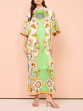 Baroque Paisley Print Flared Sleeve High Neck Embroidered Hem Maxi Dress