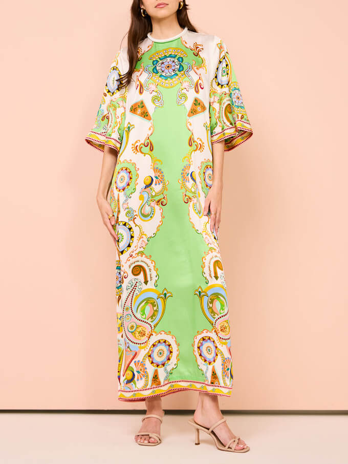 Baroque Paisley Print Flared Sleeve High Neck Embroidered Hem Maxi Dress