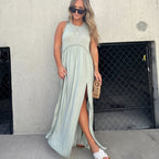 Crew Neck Tiered Seam Double Front Slit Sleeveless Maxi Dress