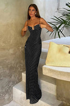 Polka Dot Spaghetti Strap Sweetheart Neck Ring Detail Bodycon Maxi Dress