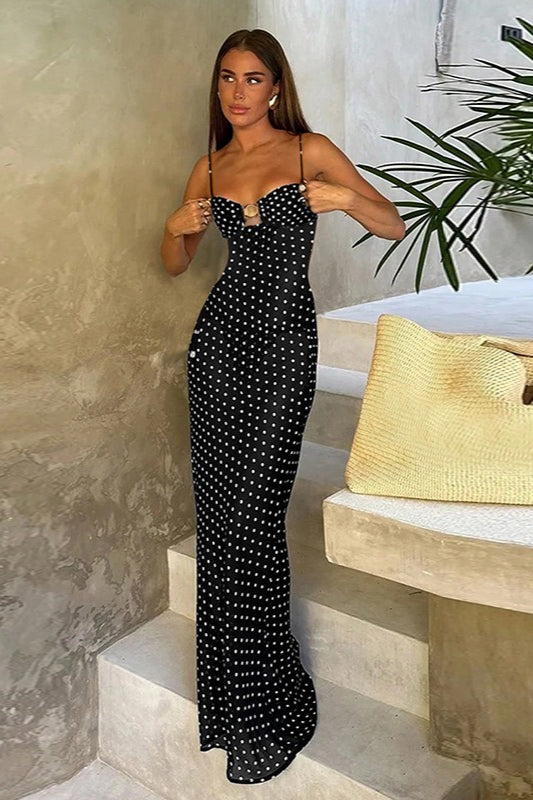 Polka Dot Spaghetti Strap Sweetheart Neck Ring Detail Bodycon Maxi Dress