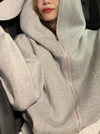 Anti Pilling Bunny Ears Zip-Up Cropped Hoodie