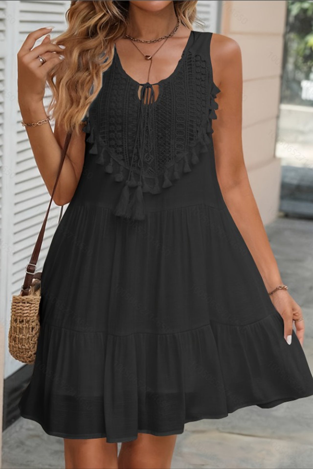 Keyhole Neck Crochet Lace Bib Tassel Tiered Mini Dress