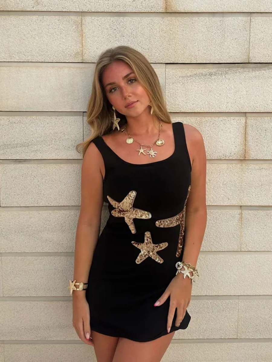 Starfish-themed Knitted Sleeveless Sexy Ruffled Vest Short Dress