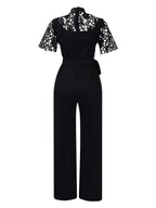Lace Trim Hollow Short Sleeve Bandage High Waist Wide Leg Jumpsuits