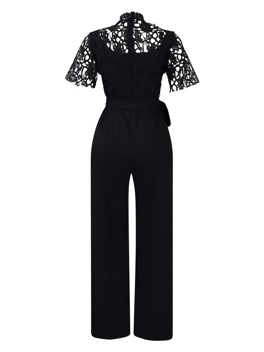 Lace Trim Hollow Short Sleeve Bandage High Waist Wide Leg Jumpsuits