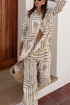 Cactus Print Lapel Long Sleeves Shirt Elastic Waist Wide Leg Pants Set