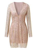 Deep V Long Sleeve Polka Dot Sequins Mini&Short Dresses