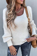Square Collar Puff Sleeve Ribbed Knit Sweater