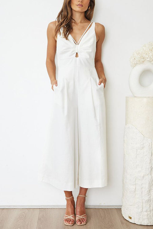 Ruched V Neck Cut Out Sleeveless Wide Leg Jumpsuit