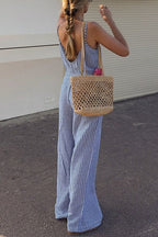 V Neck Backless Wide Leg Striped Cami Jumpsuit