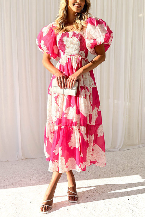 Off Shoulder Puff Sleeves Tiered Printed Midi Swing Dress