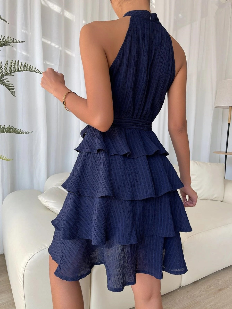 Halter Sleeveless Ruffle Black Mini&Short Dresses