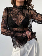 Lace Trim Long Sleeve Base Layer Mesh&Sheer Tops