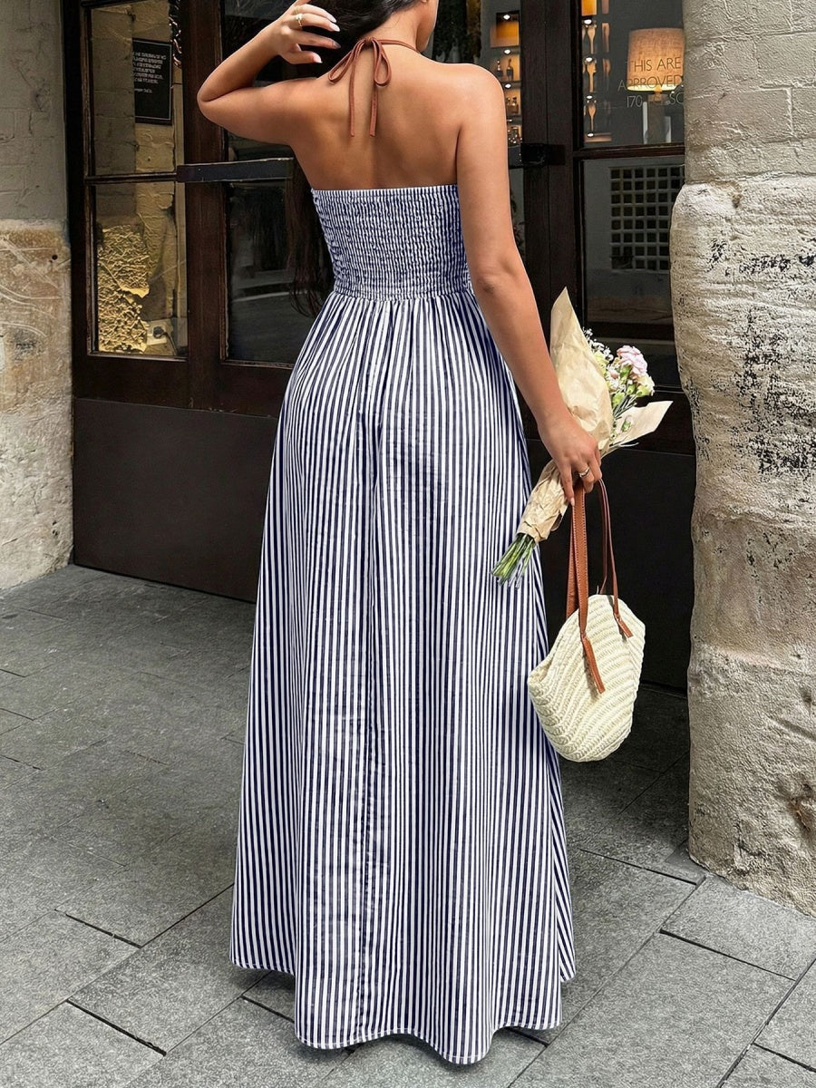 Stripes Color-blocked Splicing V-neck Hollow Maxi Dresses