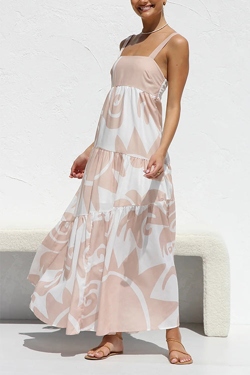 Adjustable Strap Waisted Soleil Print Ruffle Maxi Dress