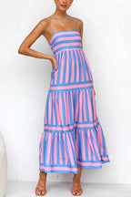 Spaghetti Strap Ruffle Tiered Color Block Striped Maxi Dress
