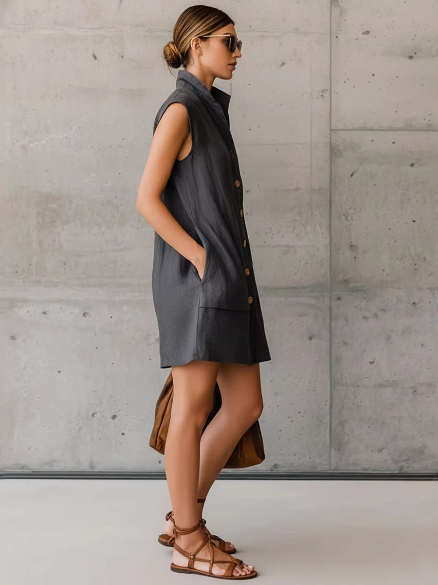 Sleeveless Stand-collar Shirt Dress With Pockets, Vacation Style Short Dress