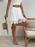 Lace-trimmed Mid-waist Solid Color Straight Leg Shorts
