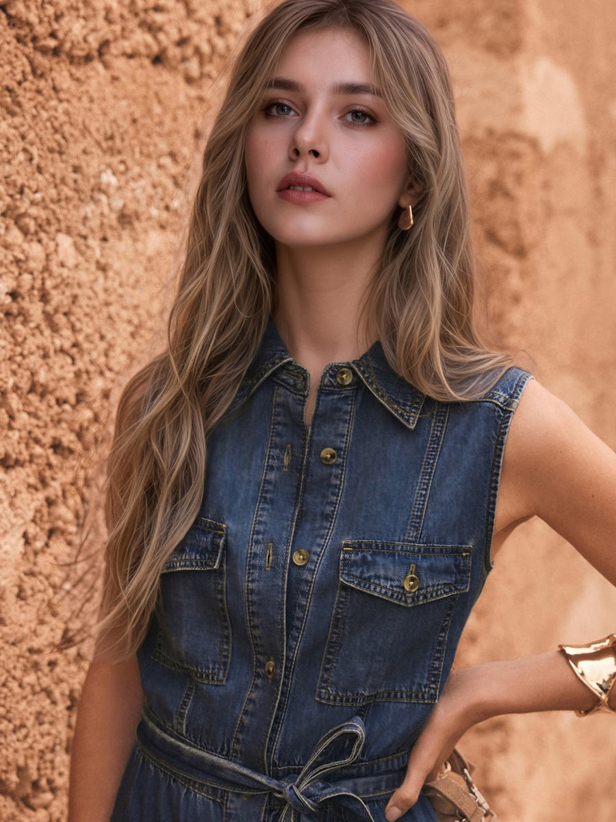 Lace Up Denim Buttons Temperament Maxi Dresses