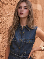 Lace Up Denim Buttons Temperament Maxi Dresses