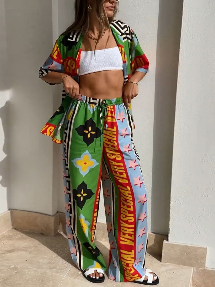 Printed Vacation Long-sleeved Shirt Pants Wide Leg Set 2-piece Sets