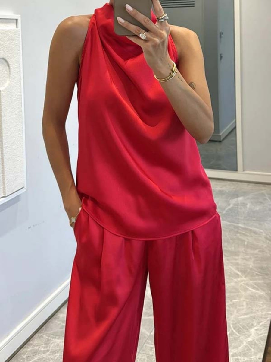Swing Collar Sleeveless Top Straight-leg Trousers Set 2-piece Sets