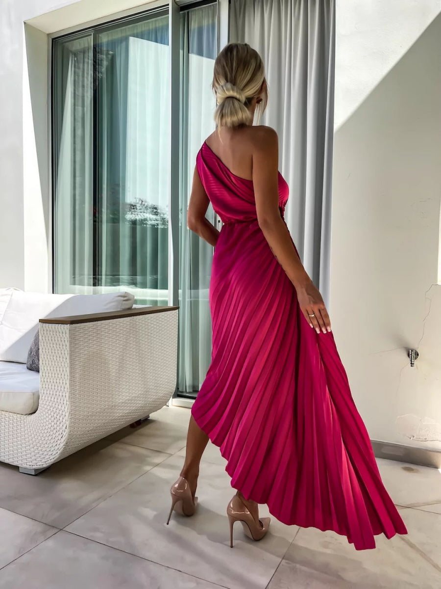 Sloping Shoulders Pleated Hollow Flowers Parties Bridesmaid Maxi Dresses
