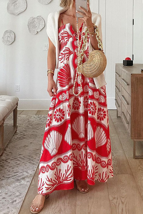 Spaghetti Strap Lace Up Shell Print Maxi Vacation Dress